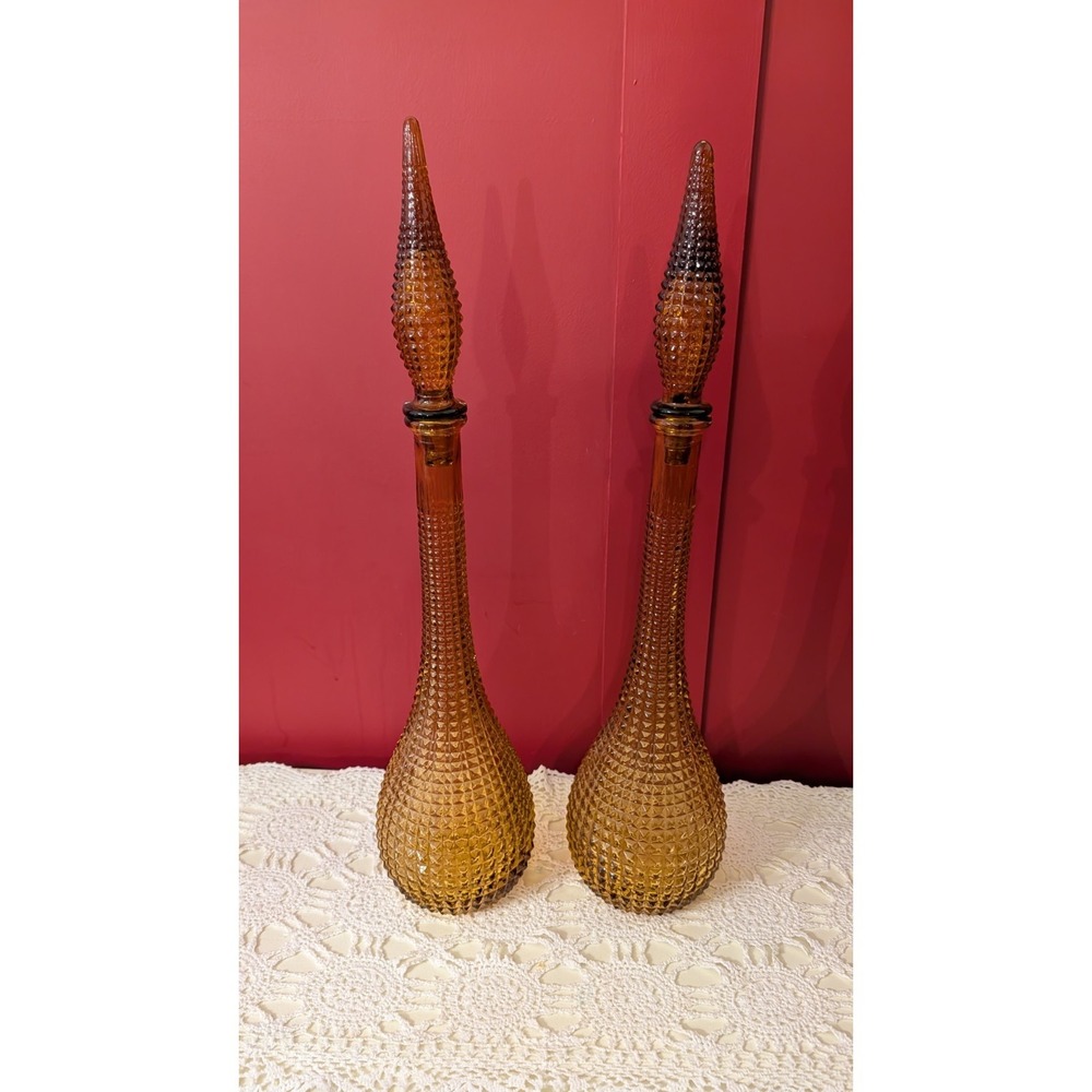 2 Vintage MCM Empoli Amber Diamond Point Glass Genie Bottle Decanter 22" Italy - Picture 5 of 16